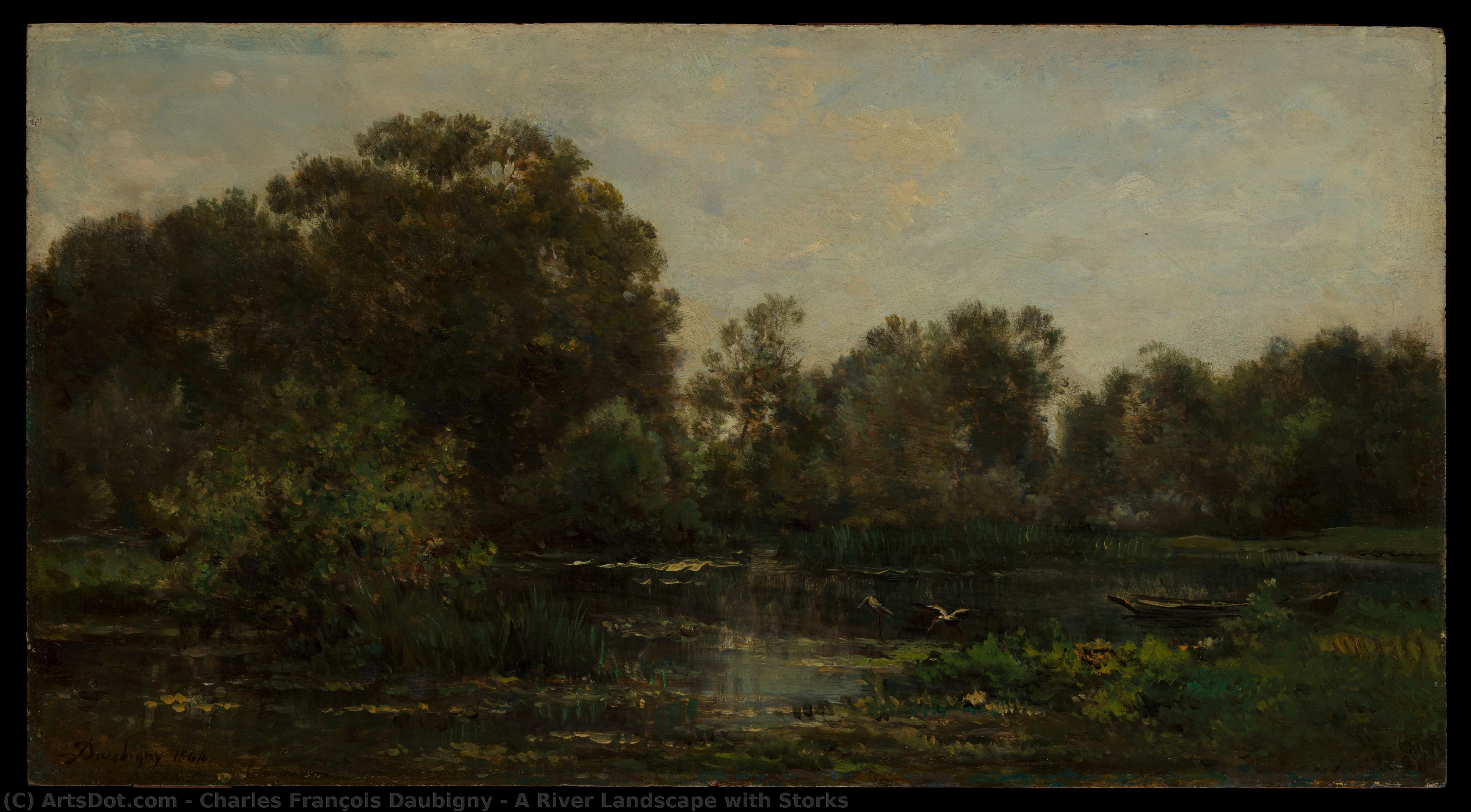 A River Landscape With Storks — Charles-françois Daubigny