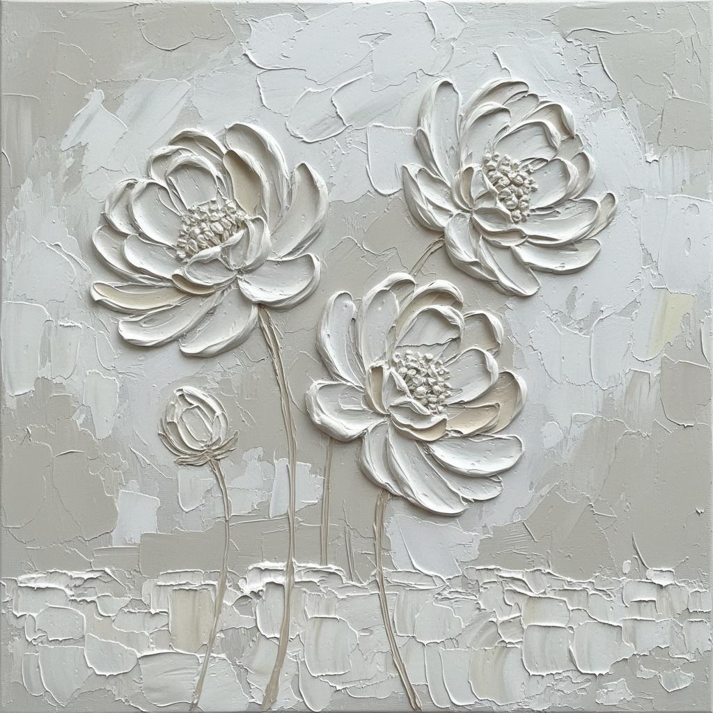 Monochromatic Sculptural Flora In Ethereal Layers Of Ivory And Pale Grey Impasto — David Moreau