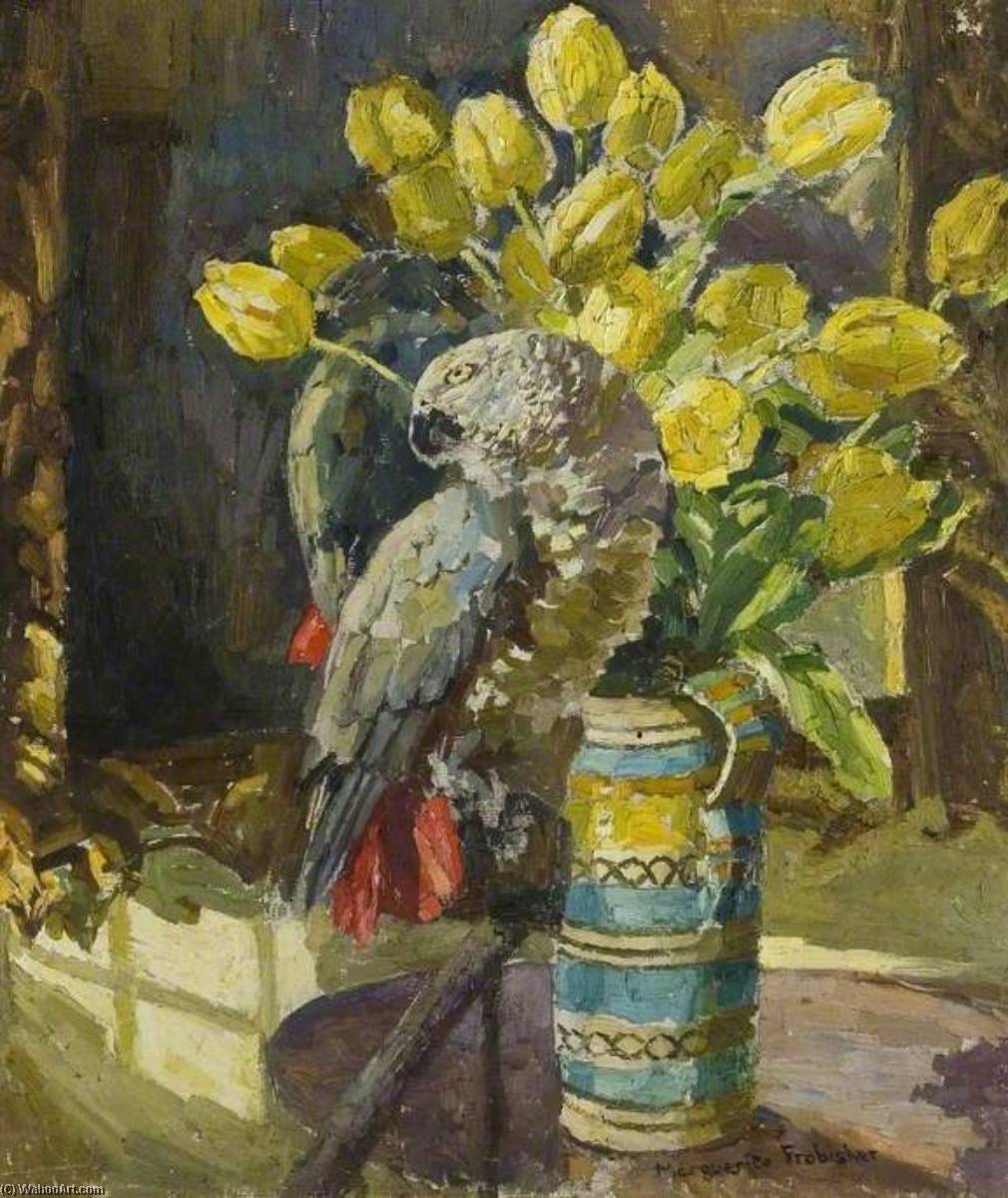 Parrot And A Jug Of Yellow Tulips — Lucy Marguerite Frobisher