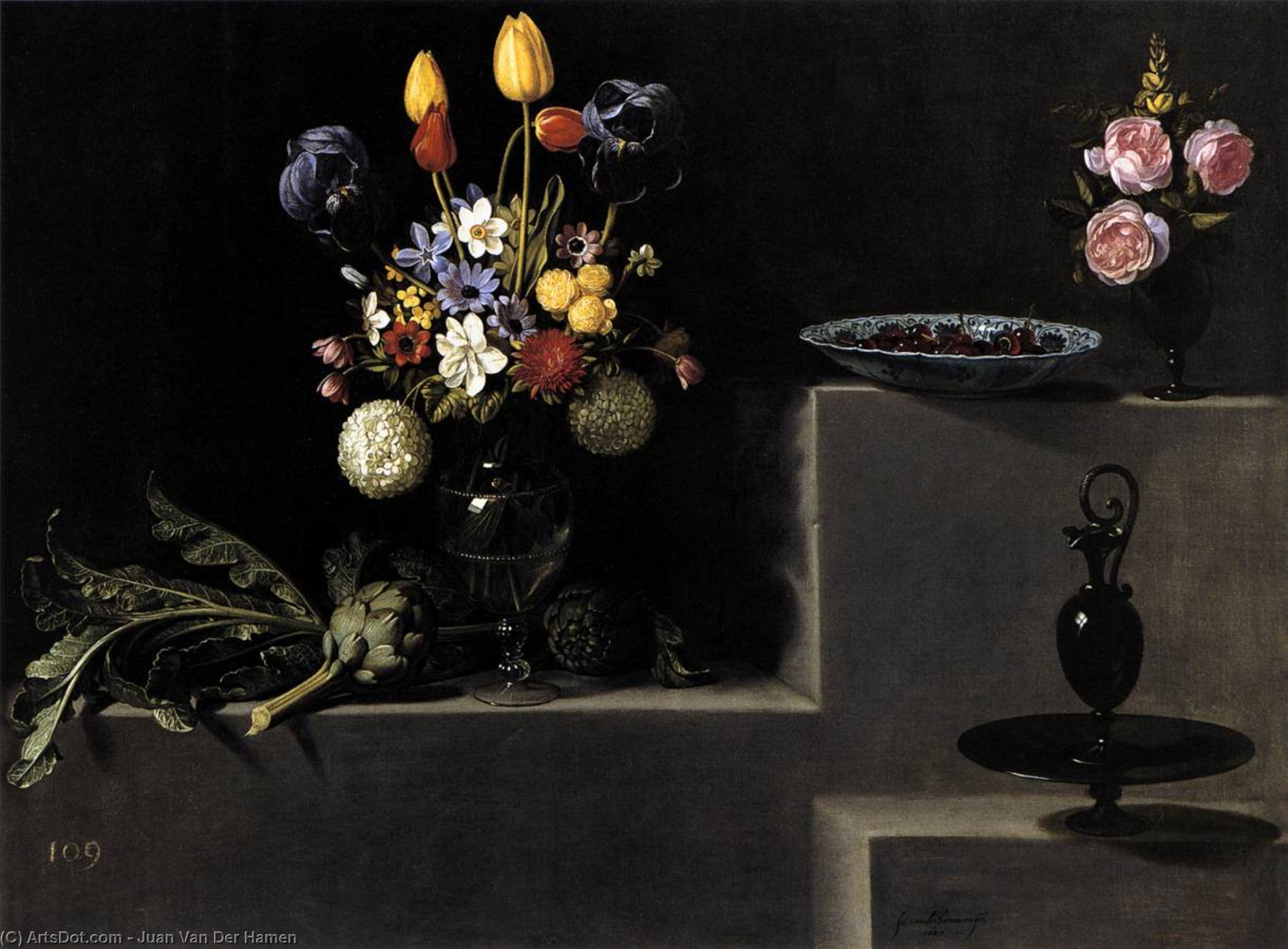 Still Life With Flowers, Artichokes, Cherries And Glassware — Juan Van Der Hamen