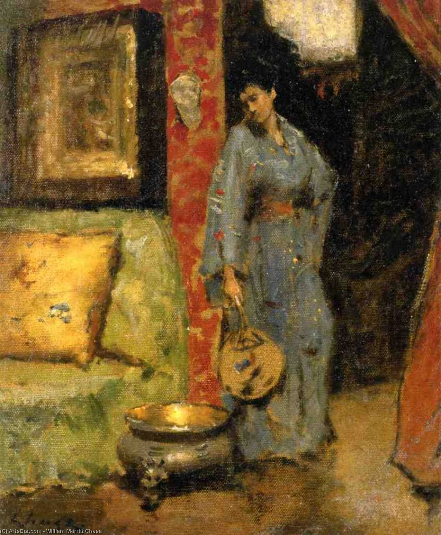 Woman In Kimono Holding A Japanese Fan — William Merritt Chase