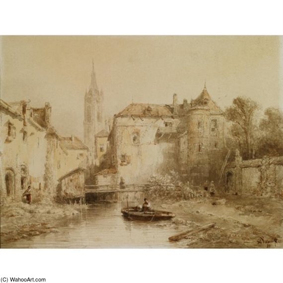 A View Of A Town With A Bell Tower In The Background — Salomon Leonardus Verveer