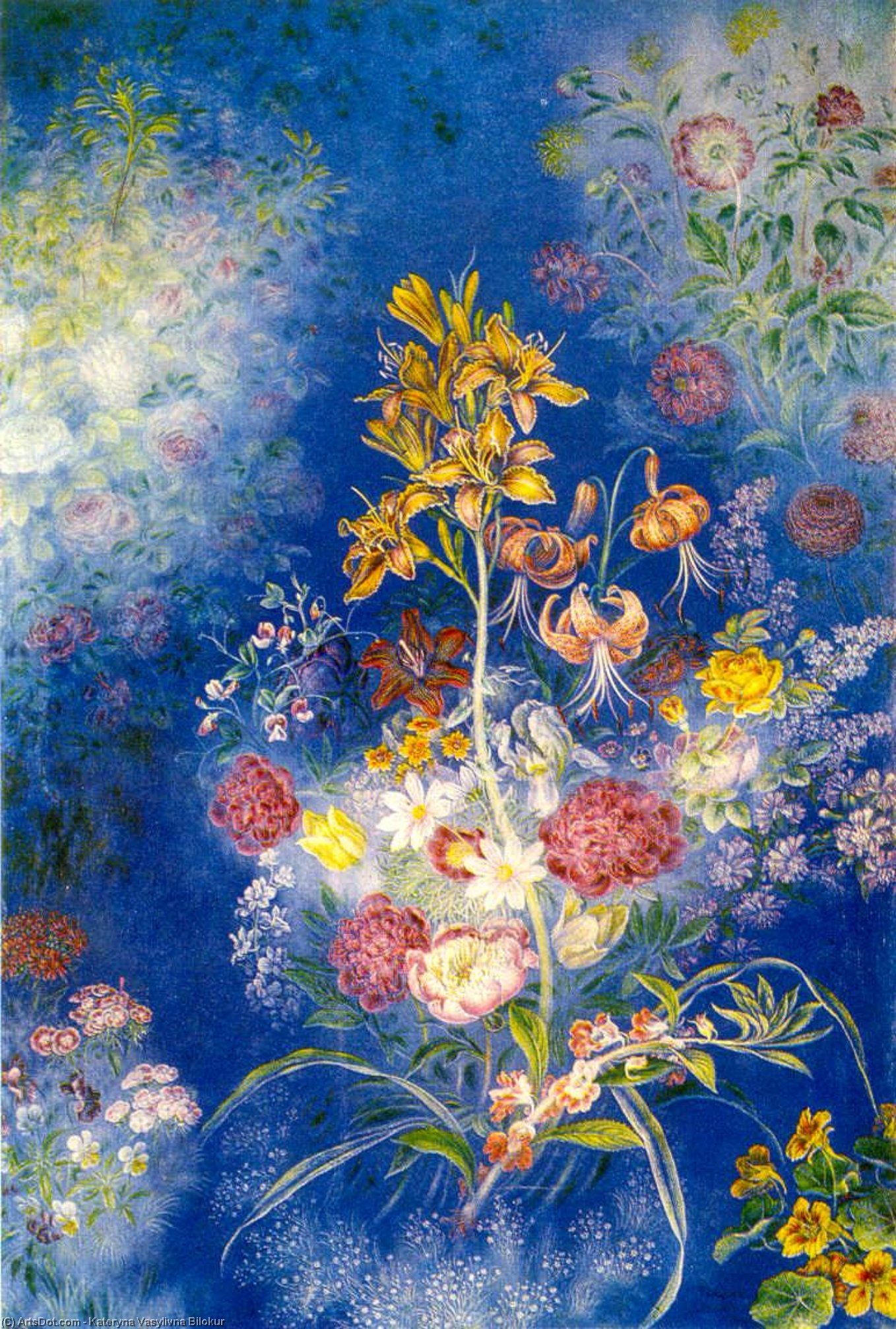 Flowers On The Blue Background — Katerina Vasiljevna Bilokur