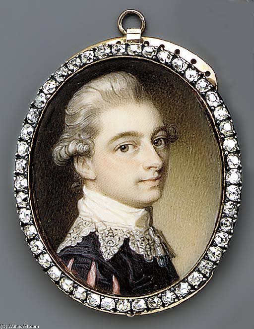 A Young Gentleman, Facing Right In Black Doublet, The Sleeves Slashed To Reveal Pink, White Shirt With Van Dyck Collar, Powdered Hair En Queue — Richard Cosway