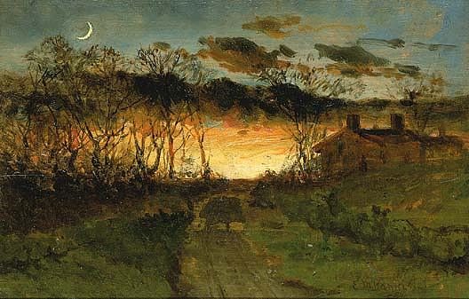 Untitled (sunset With Quarter Moon And Farmhouse), (painting) — Edward Mitchell Bannister