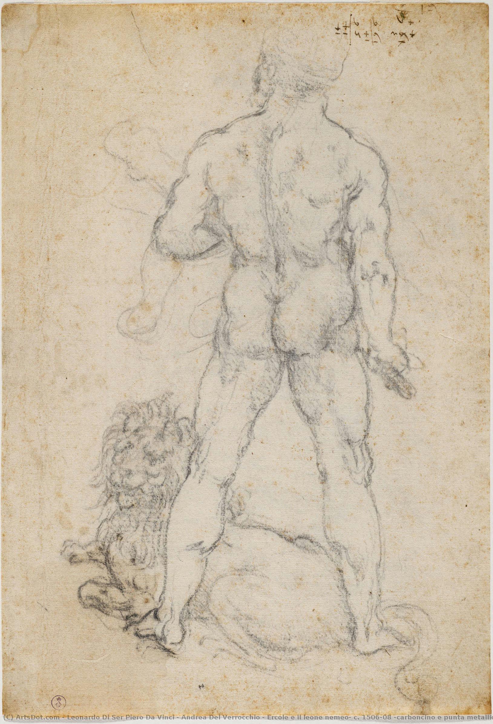 Ercole E Il Leone Nemeo, C. 1506-08 (carboncino E Punta Metallica Su Carta Bianca) — レオナルド・ダ・ヴィンチ & アンドレア・デル・ヴェロッキオ