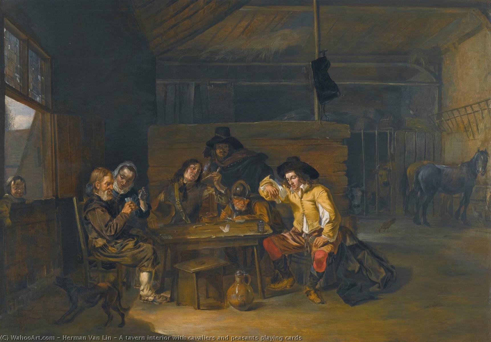 A Tavern Interior With Cavaliers And Peasants Playing Cards — Herman Van Lin