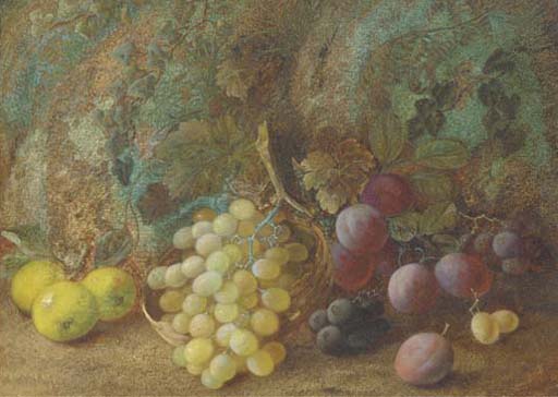 Still Life Of Apples, Plums And Grapes In A Basket On A Mossy Bank — Vincent Clare