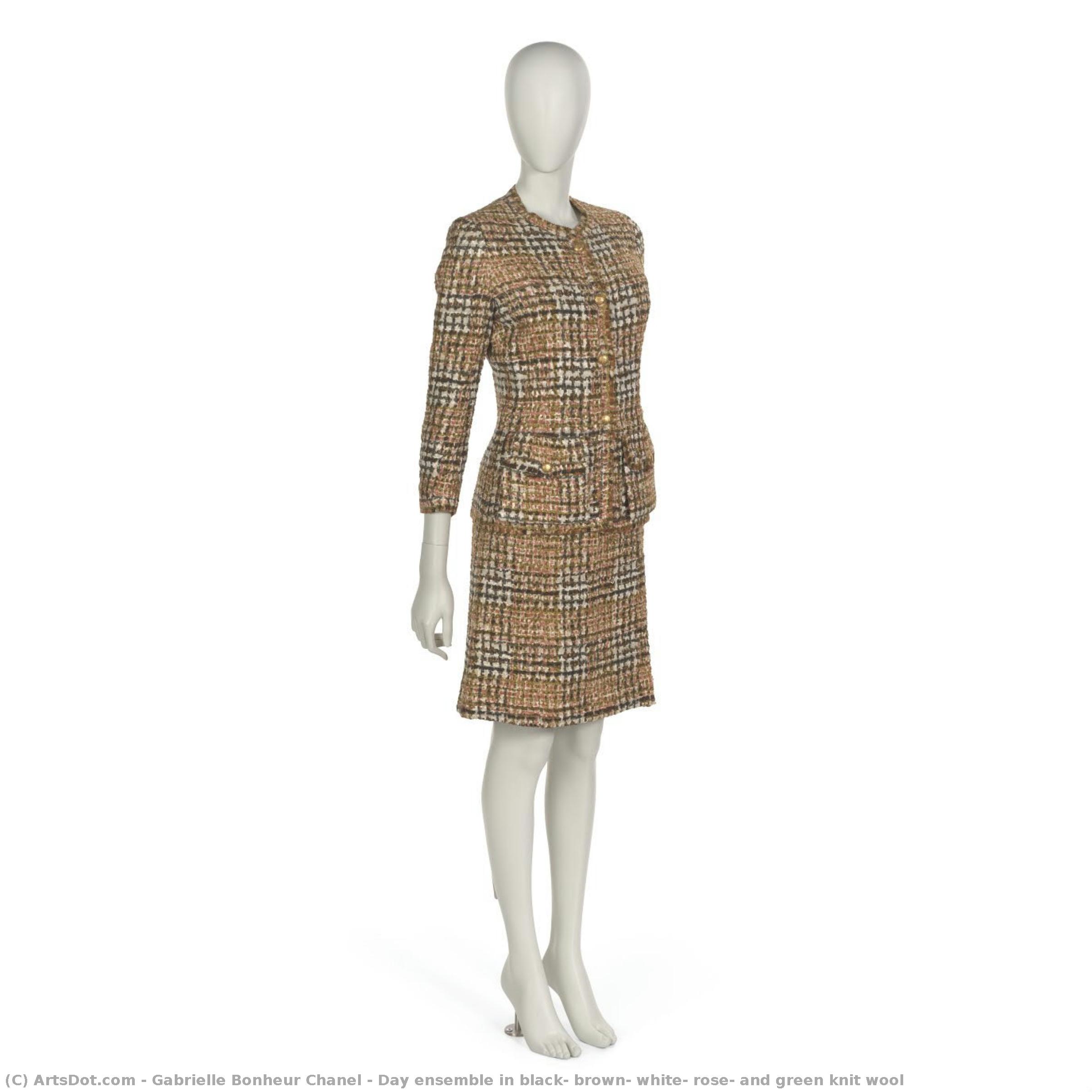 Day Ensemble In Black, Brown, White, Rose, And Green Knit Wool — Coco Chanel