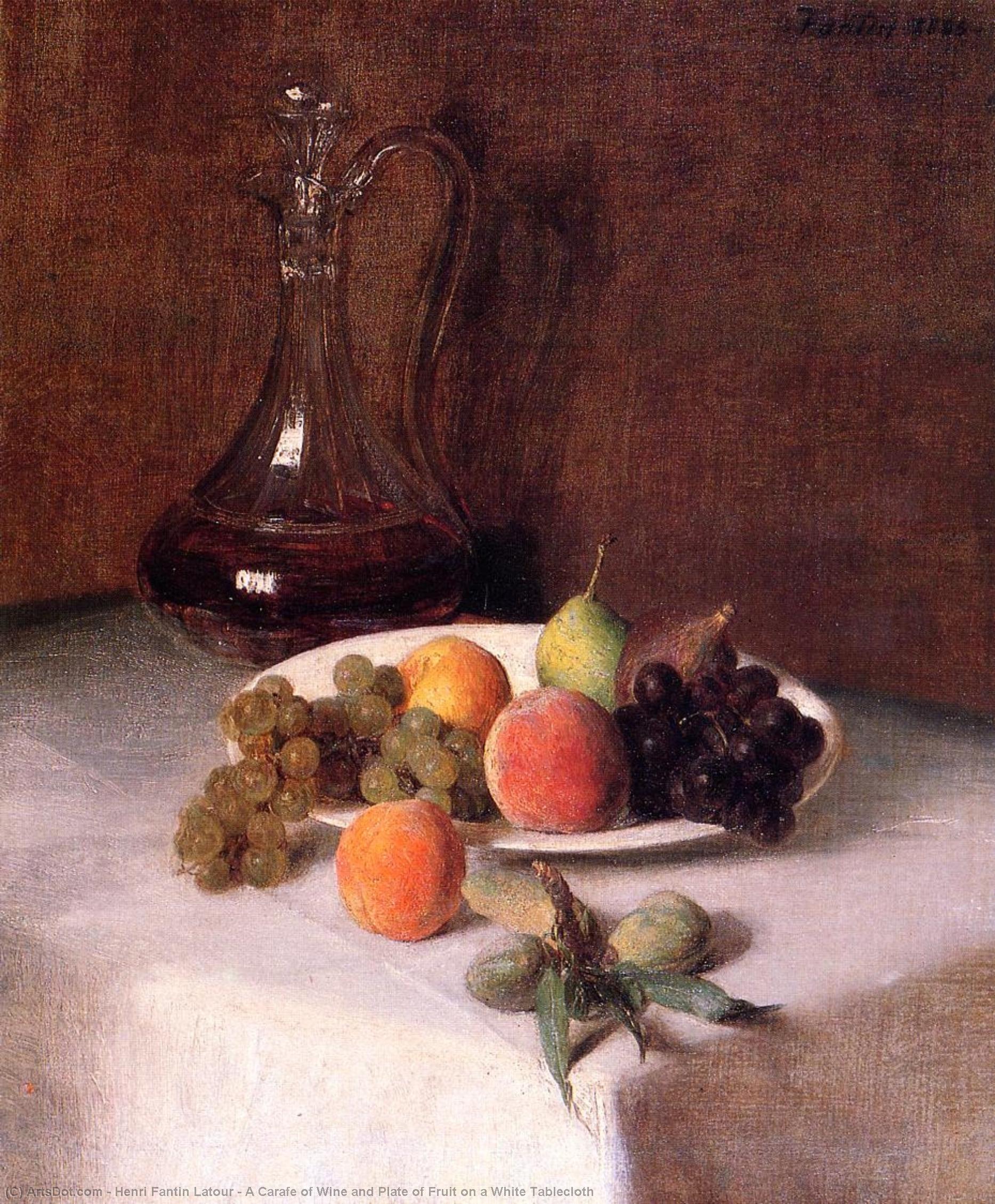 A Carafe Of Wine And Plate Of Fruit On A White Tablecloth — Henri Fantin-latour