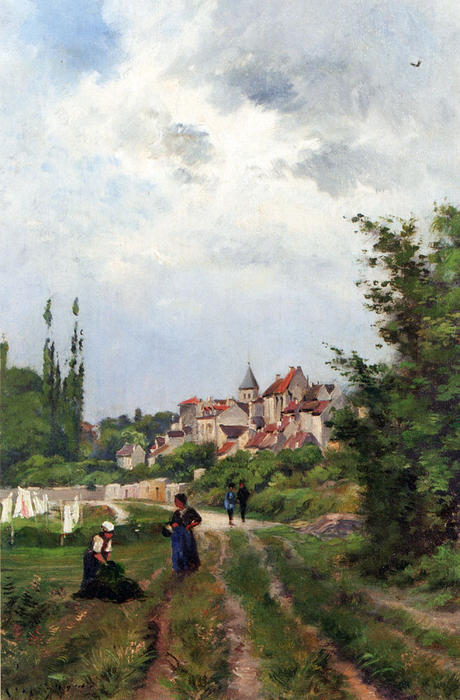 Washer Women_on A Sandy Track With A Village Beyond — Henri-joseph Harpignies