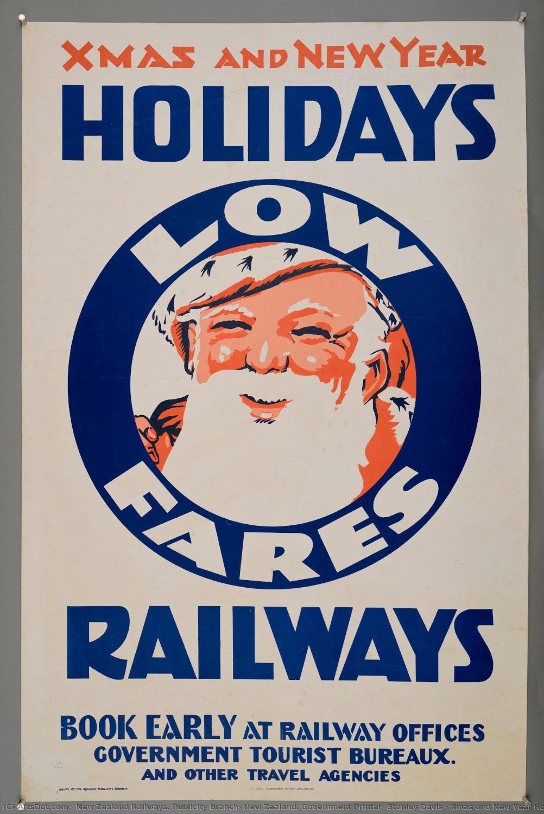 Xmas And New Year Holidays Low Fares Railways — New Zealand Railways. Publicity Branch, New Zealand. Government Printer, Stanley Davis