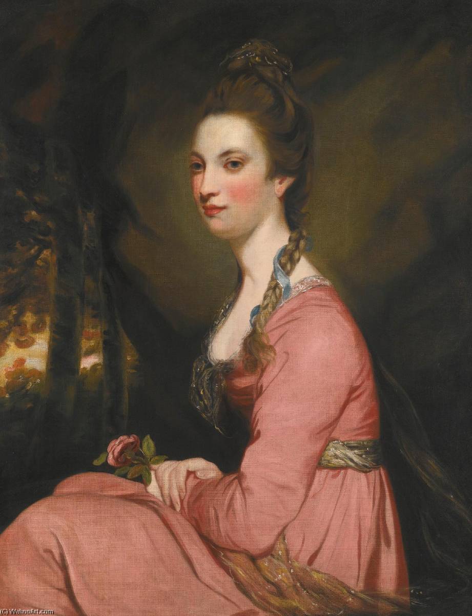 Portrait Of A Lady Seated In A Landscape, Wearing A Pink Dress And Holding A Rose — Sir Joshua Reynolds