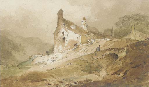 A Figure On A Bridge Below Cottages, Wales — John Sell Cotman