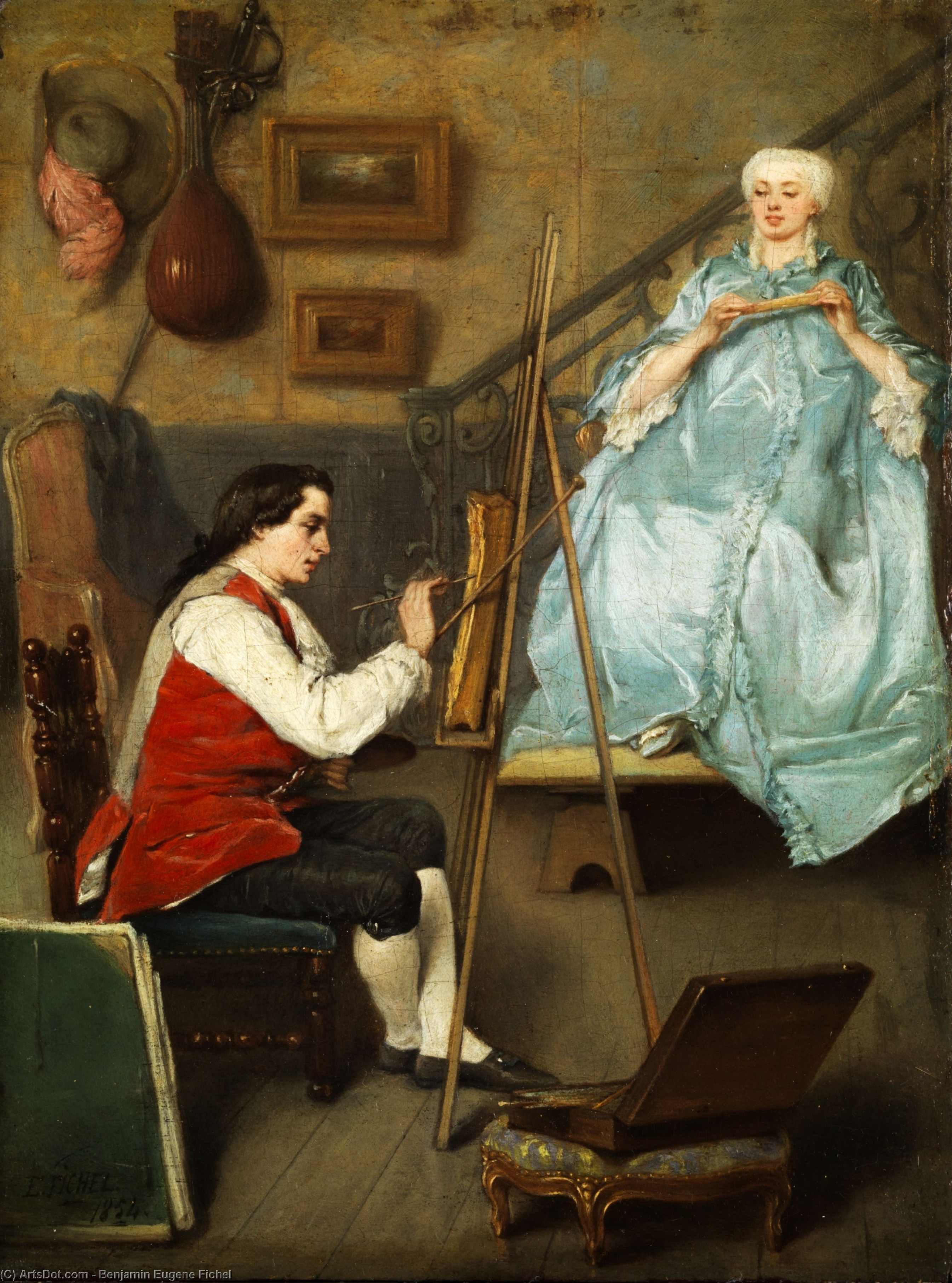 Young Painter Portraiting A Young Women In A Blue Silk Dress. — Benjamin Eugène Fichel