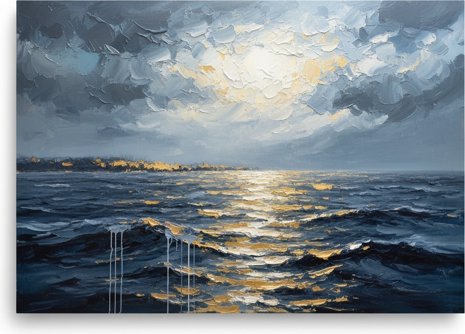 A Singular Symphony Of Gilded Light Amidst Turbulent Oceanic Shadows — Christian Noiret