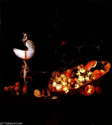 A Still Life Of Fruit With A Nautilus Cup On A Draped Ledge — Johann Georg Hinz
