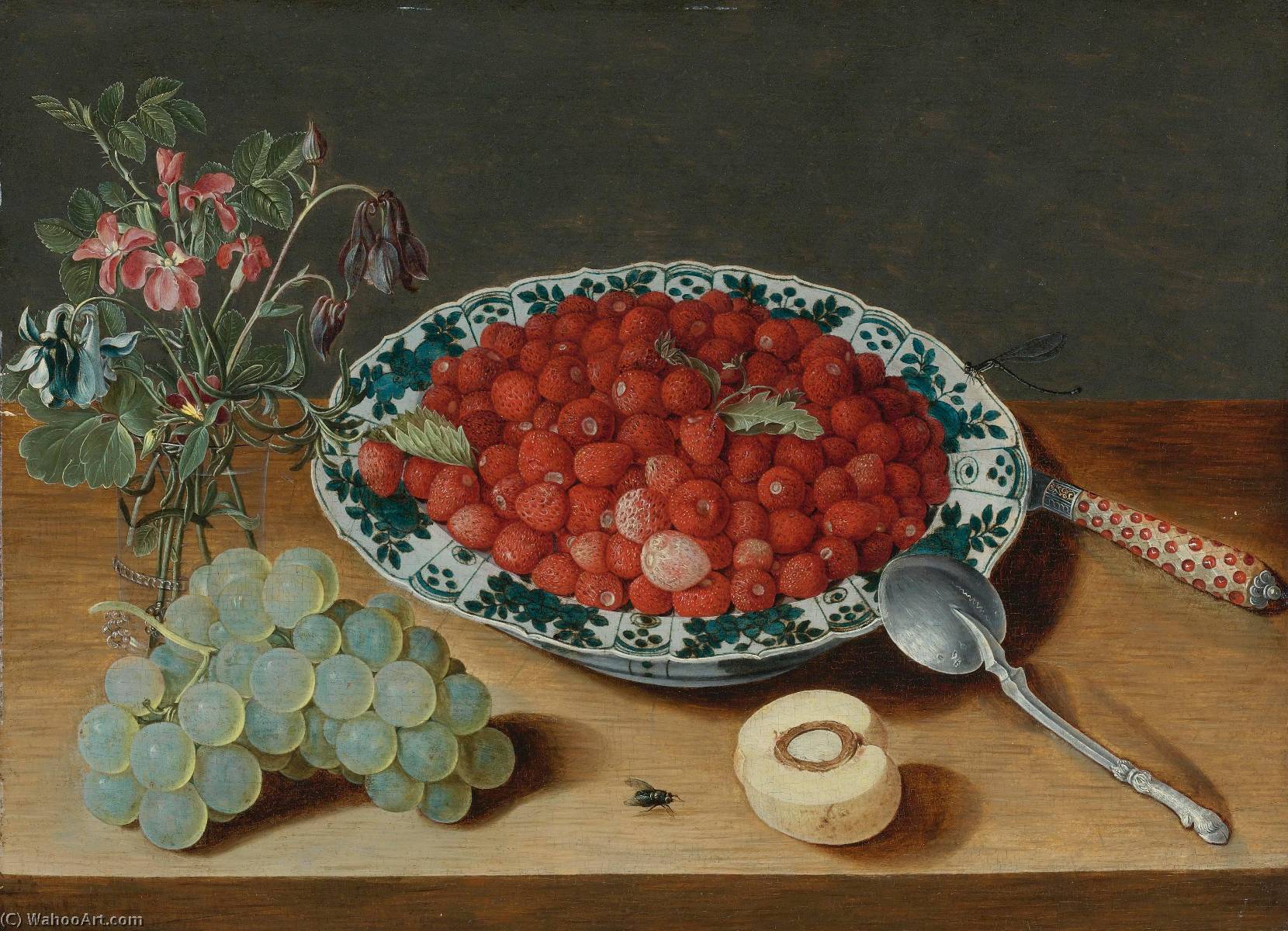 A Still Life With Strawberries In A Wan Li Porcelain Bowl, A Bunch Of Grapes, A Glass Vase With Columbines And Eglantine, A Silver Spoon, An Inlaid Knife And A Half Peach With A Fly And Dragon Fly On A Wooden Table Top — Isaak Soreau