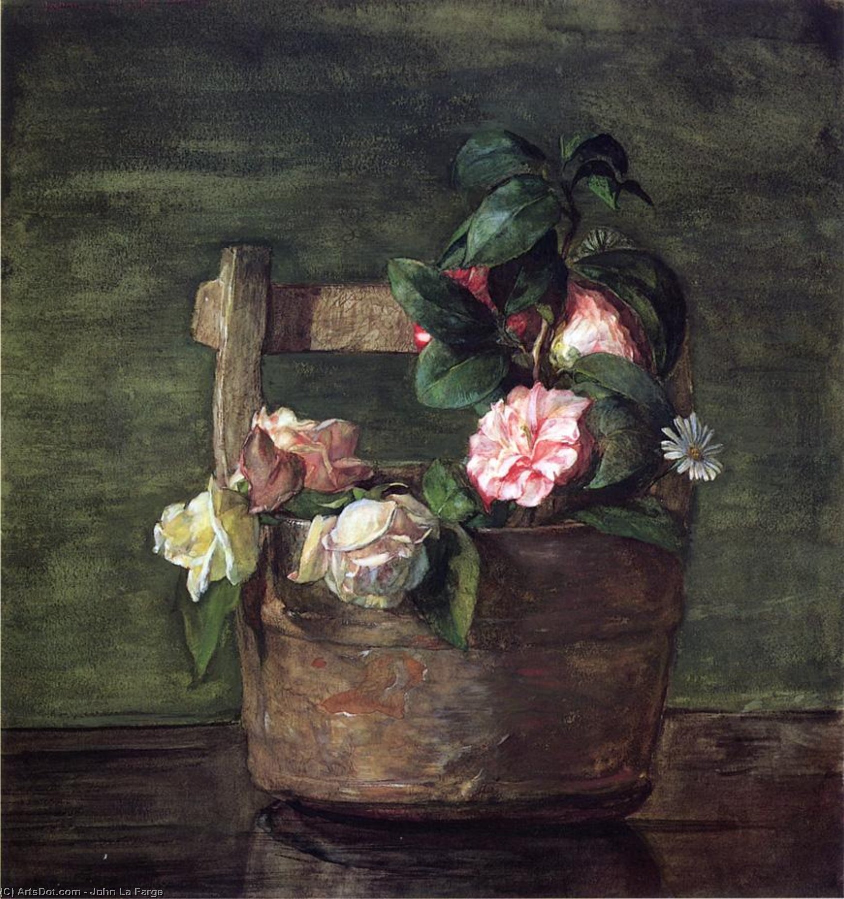 Camellias And Roses In Japanese Vase Of Earthenware With Crackle — John La Farge