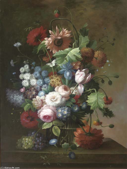 Roses, Tulips, Daisies, Chrysanthemums And Other Flowers In A Glass Vase On A Stone Ledge — Thomas George Webster