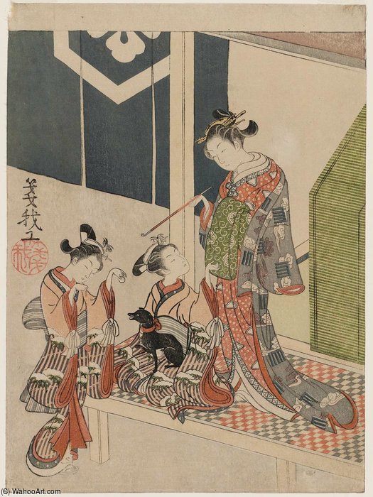 Courtesan And Two Kamuro Playing With A Dog — Suzuki Harunobu