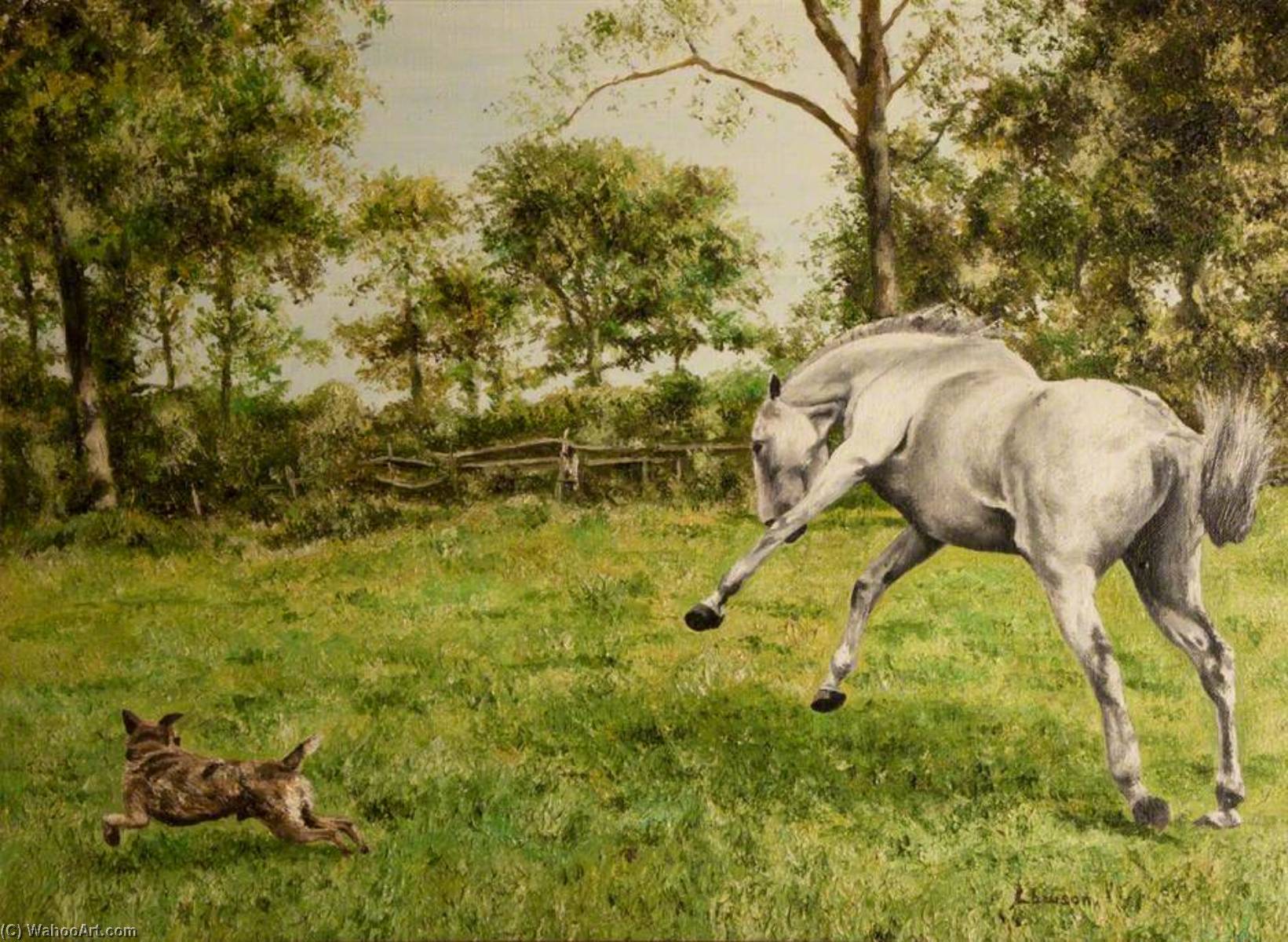 Grey Horse And A Dog In A Field — John Andrew Lawson