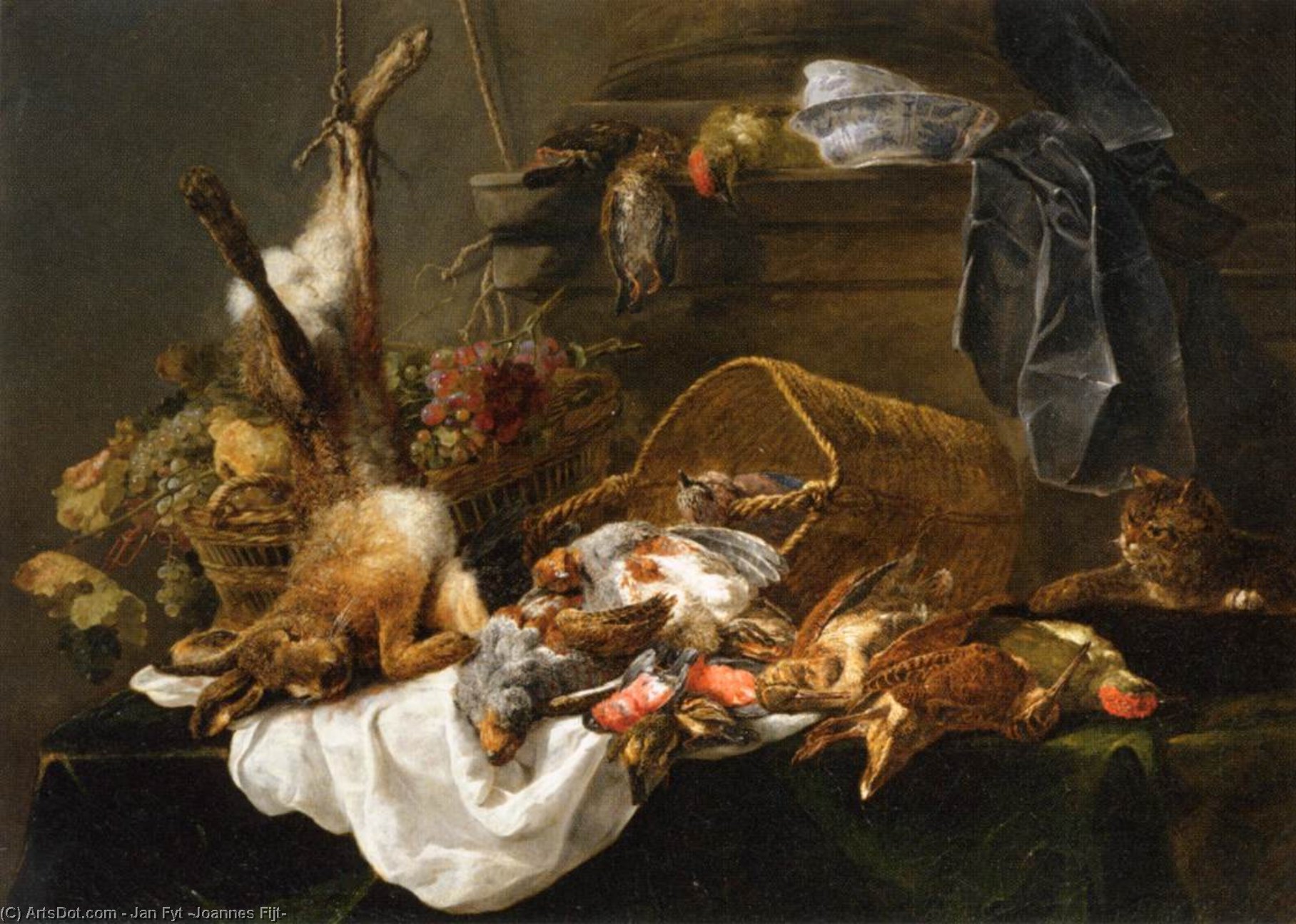 Venison And Basket Of Grapes Watched By A Cat — Jan Fyt (joannes Fijt)