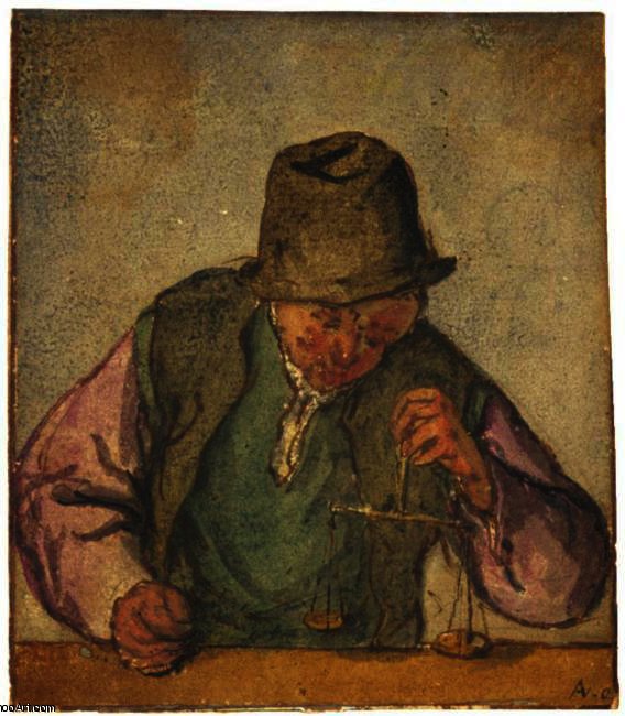 A Man At A Counter, Holding A Pair Of Scales — Adriaen Van Ostade