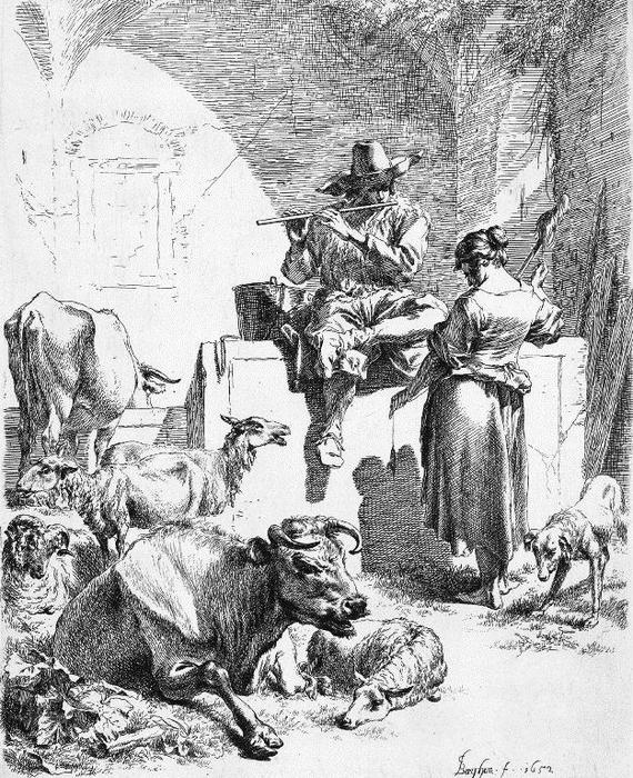 Shepherd At The Well With The Spinning Girl — Nicolaes Pietersz Berchem