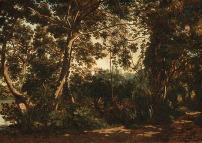 A Wooded Forest With A Town Beyond — Henri-joseph Harpignies