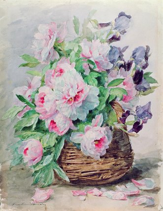 Irises And Peonies In A Basket — Madeleine Jeanne Lemaire