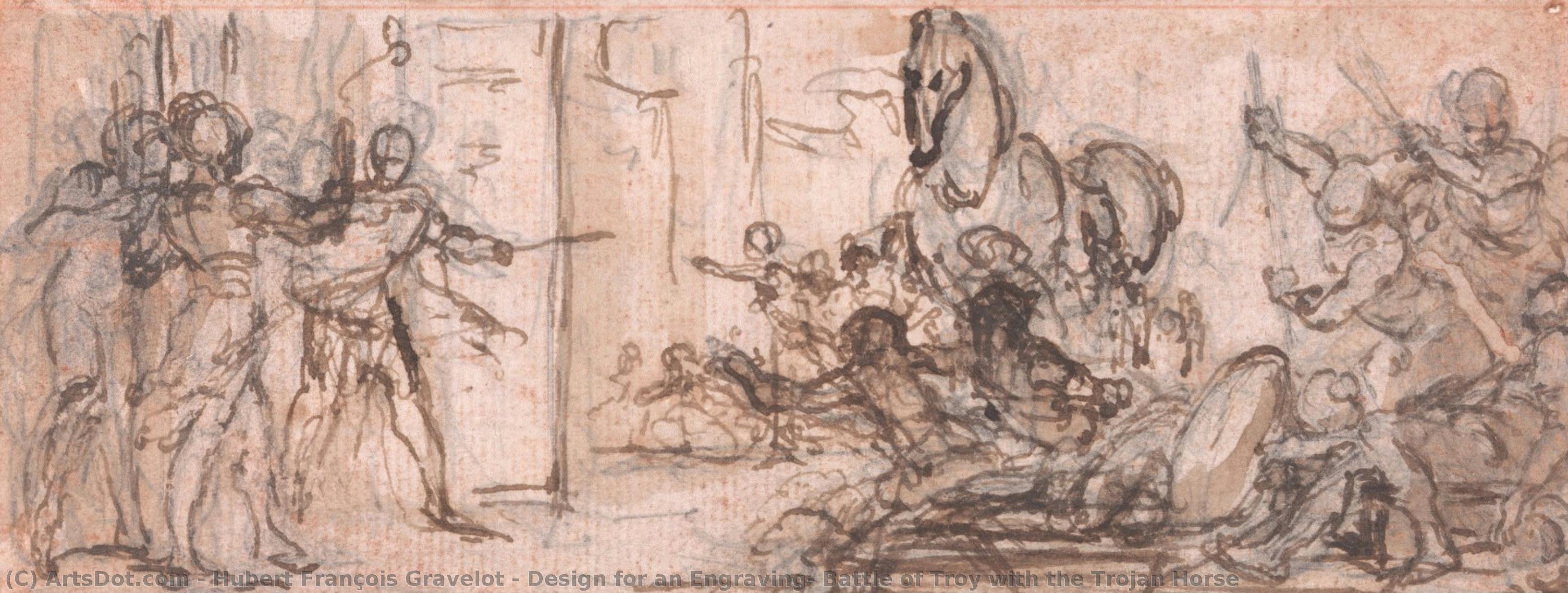 Design For An Engraving: Battle Of Troy With The Trojan Horse — Hubert François Gravelot