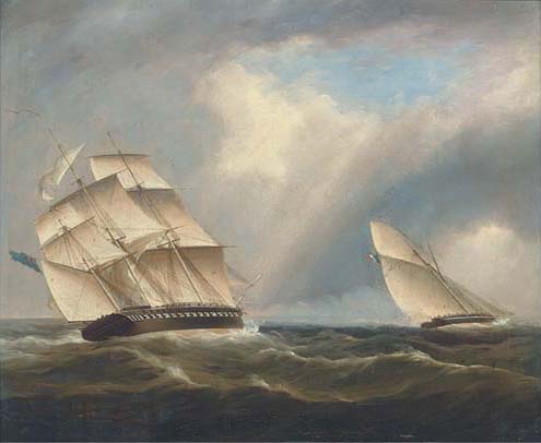 A Frigate Of The Royal Navy Pursuing A French Naval Sloop — Thomas Buttersworth