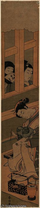 Two Men Looking Through Window Lattice At A Courtesan Writing A Letter — Suzuki Harunobu