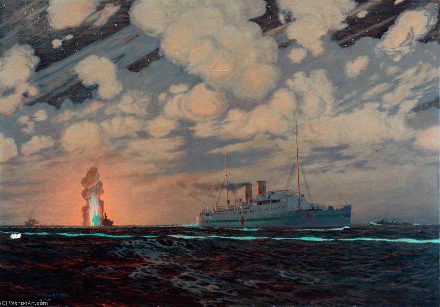 Night Scene Of Southern Railway Steamers As Hospital Ships During World War Ii — Charles Pears