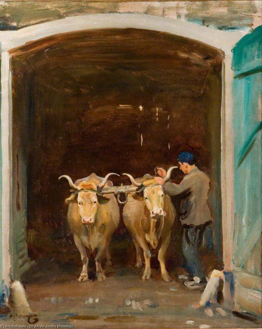 Oxen At An Archway Being Yoked, At Baron Robert's Estate, Chantilly — Sir Alfred James Munnings
