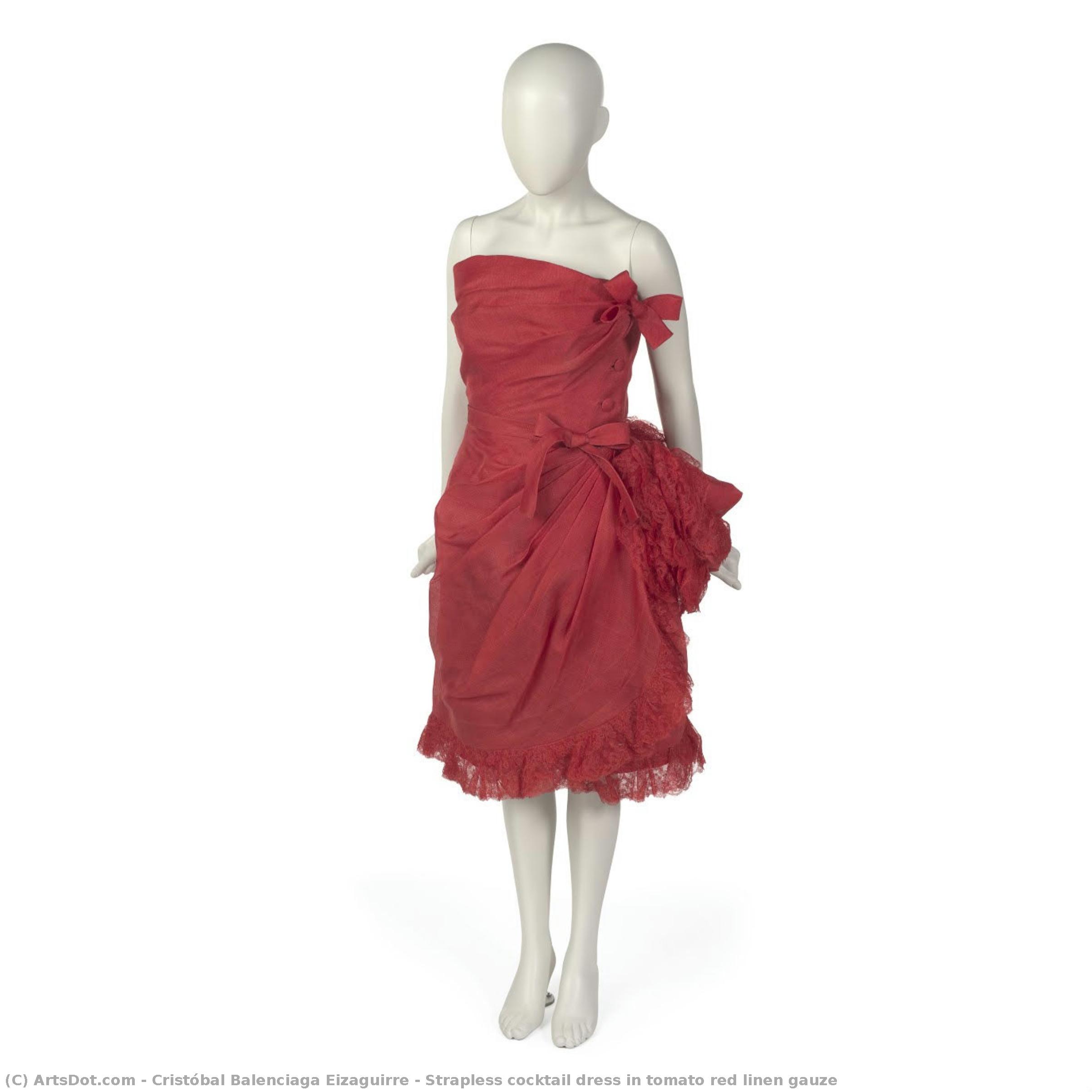 Trägerloses Cocktailkleid Aus Tomatenrotem Leinengaze — Cristóbal Balenciaga Eizaguirre