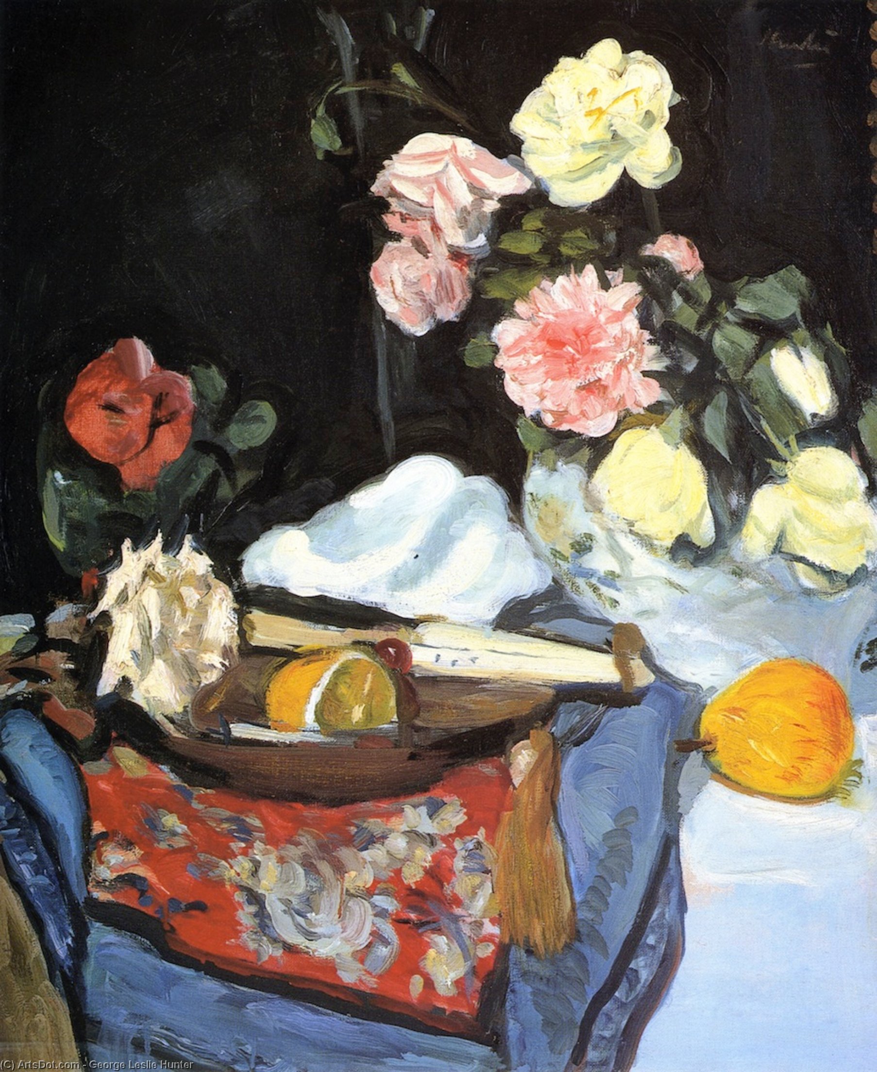 Fruit And Flowers On A Draped Table — George Leslie Hunter