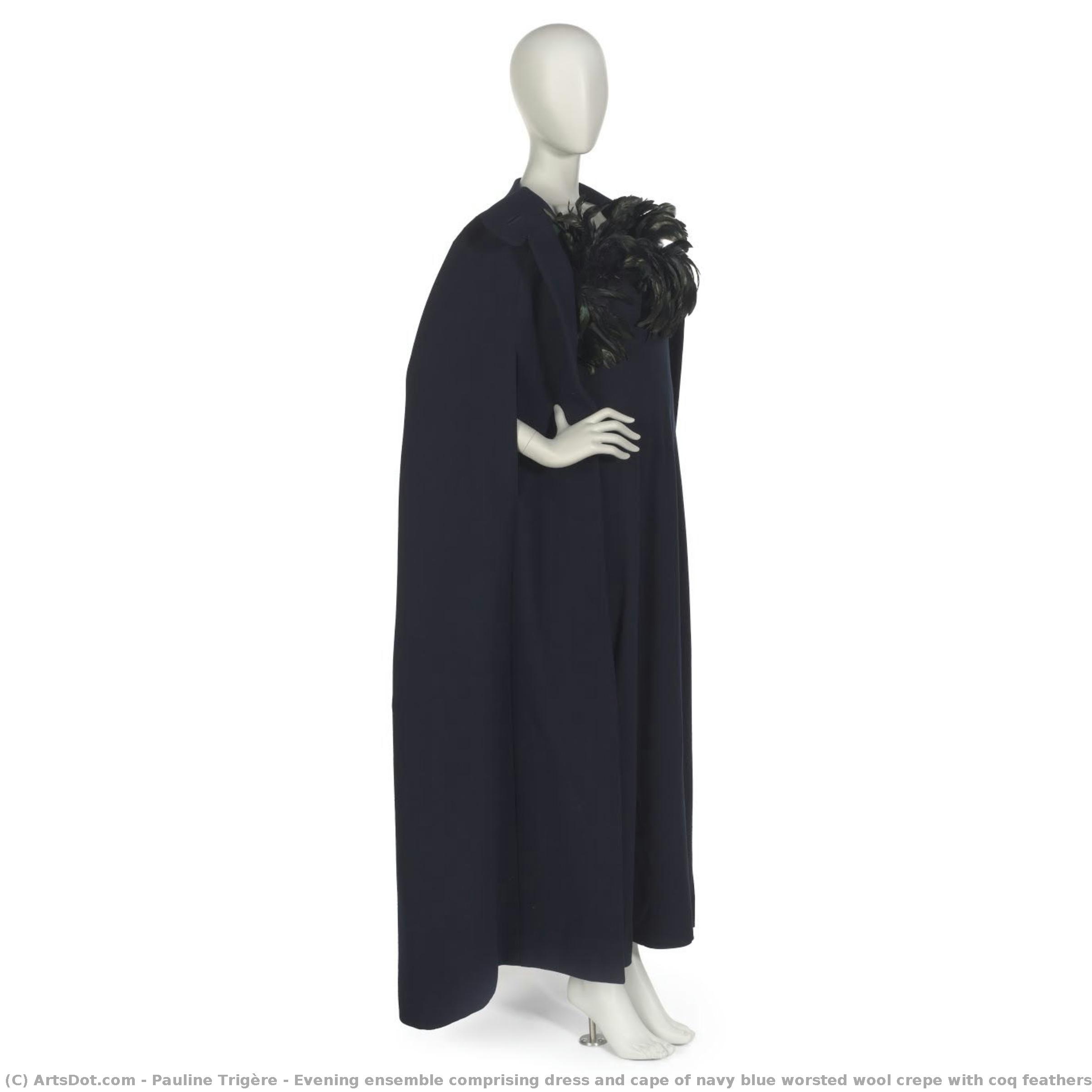 Abendensemble Bestehend Aus Einem Kleid Und Einer Kapuze Aus Marineblauem Wollcrepe Mit Wachtelkopfgeflechten — Pauline Trigère