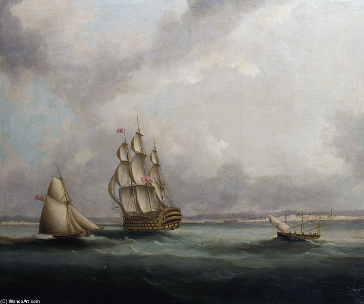 A Ship Of The Line Off Cadiz — Thomas Buttersworth