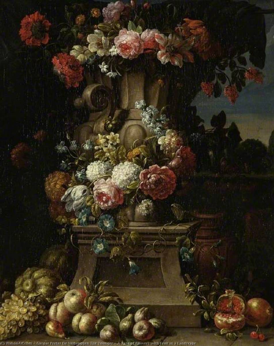 A Vase Of Flowers With Fruit In A Landscape — Gaspar Peeter De Verbruggen The Younger