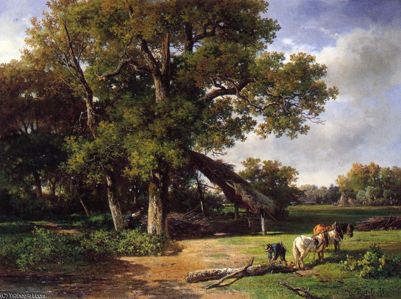 A Wooded Landscape With Farmers Gathering Wood — Willem Roelofs