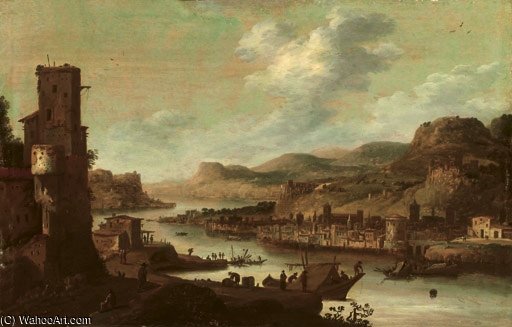 A Mountainous River Landscape With Figures On Moored Ships Near A Ruined Tower, A Fortified Town On The Opposite River Bank — Dirck Verhaert