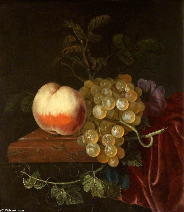 A Peach And Grapes On A Ledge — Jacob Van Walscapelle