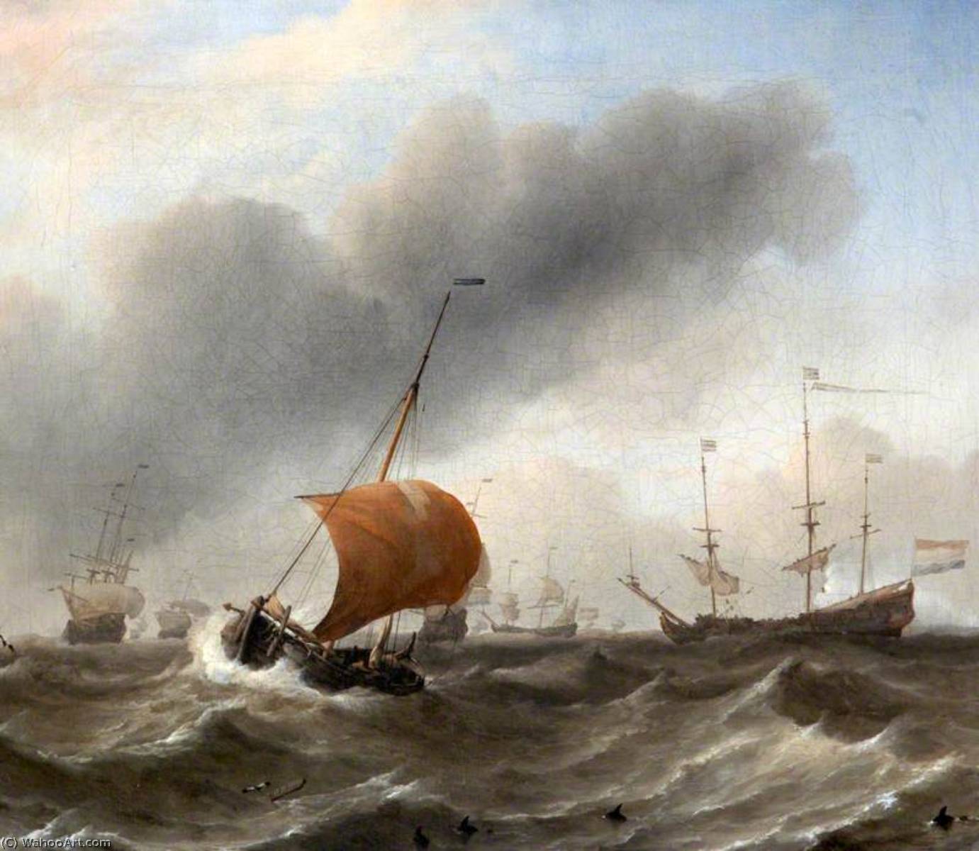Dutch Shipping In A Heavy Swell With A Small Hoeker Under A Half Lowered Mainsail, And With A School Of Porpoises In The Foreground — Willem Van De Velde The Elder