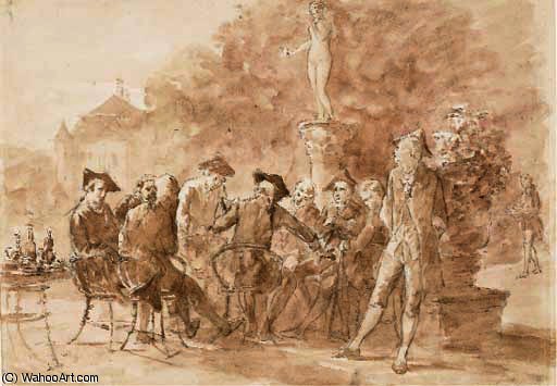 Men Sitting In A Park Near A Statue Of Venus Victrix, A Castle At The Bottom — Adolphe Joseph Thomas Monticelli