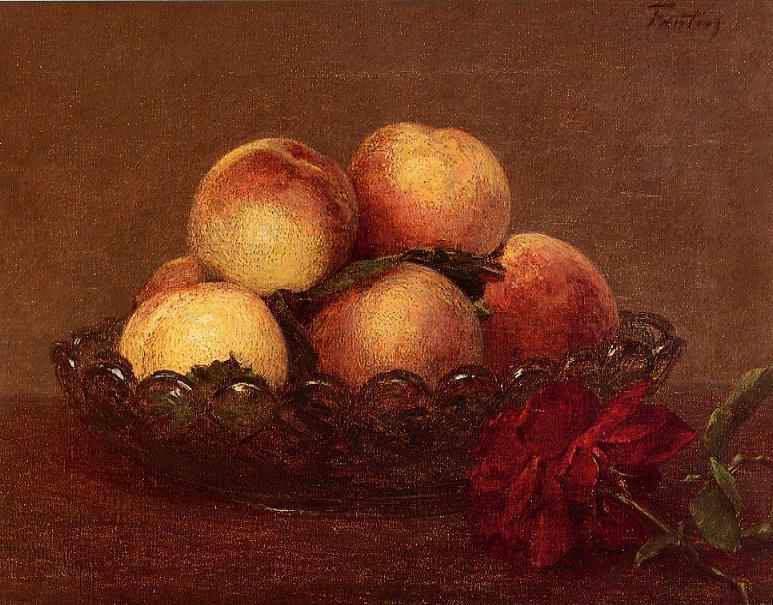 Nature Morte. Peches Dans Une Coupe De Verre, Une Rose Fonces Avec Des Feuilles A Droite — Henri Fantin-latour