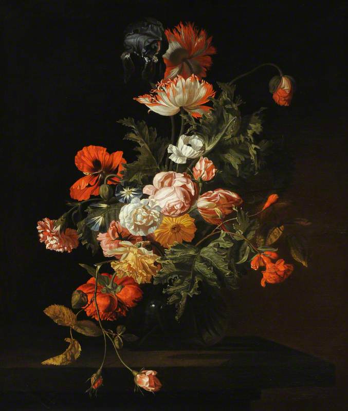 Still Life Of Roses And Other Flowers In A Glass Bowl On A Stone Ledge — Simon Pietersz Verelst