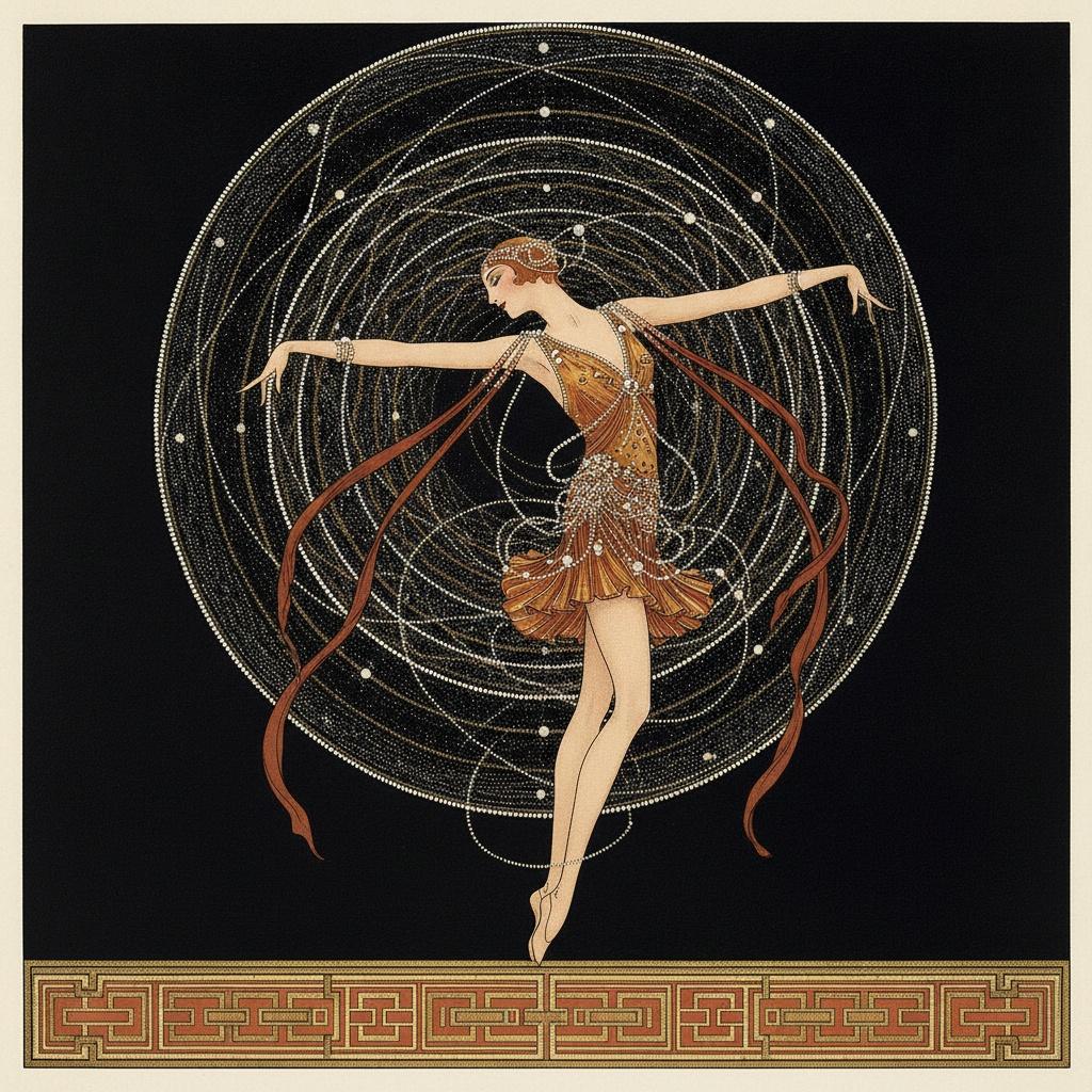 Crimson Ribbons Orbiting A Gilded Art Deco Figure — Valentin Laurent De Courcey