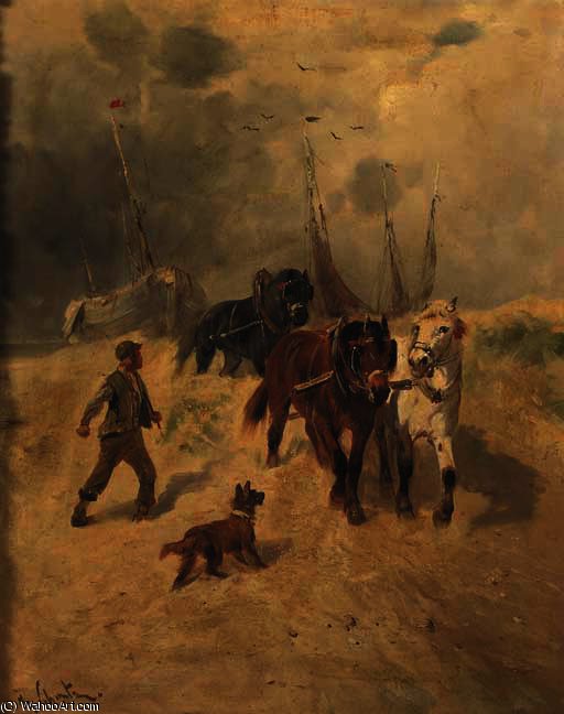 A Team Of Horses On The Beach, Fishing-smacks In The Background — Henry Schouten